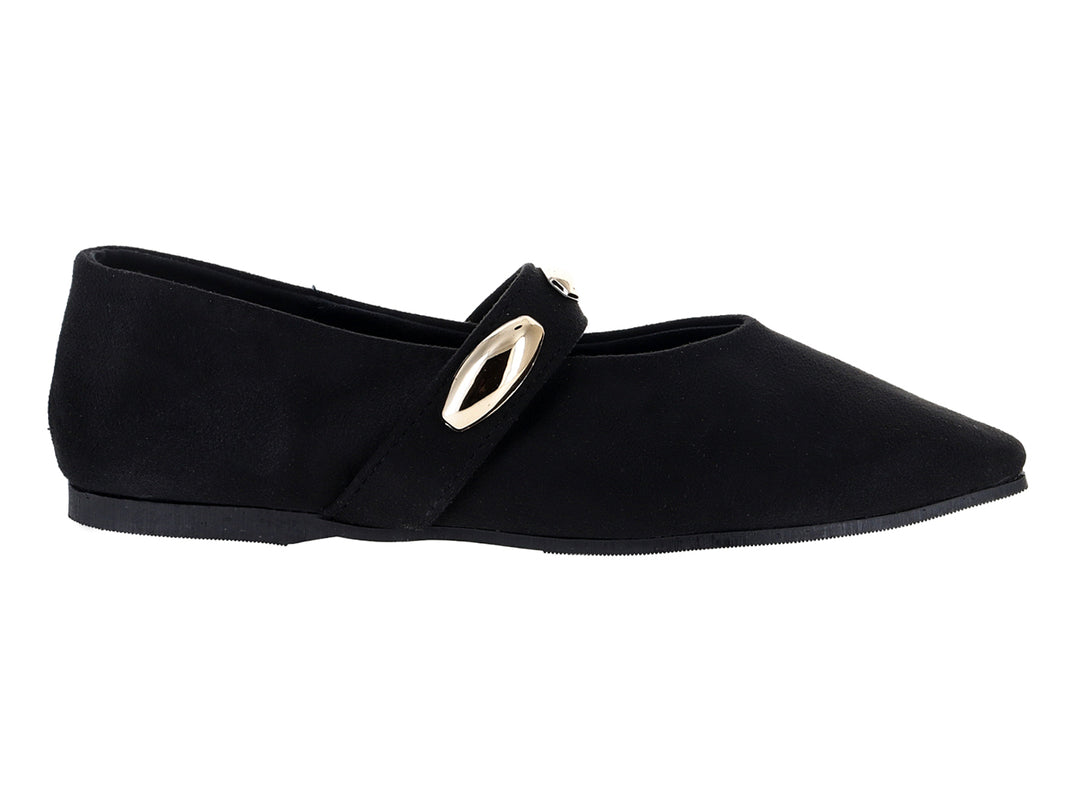 Zapato plano tipo ballerina color negro con detalle decorativo dorado en el empeine.