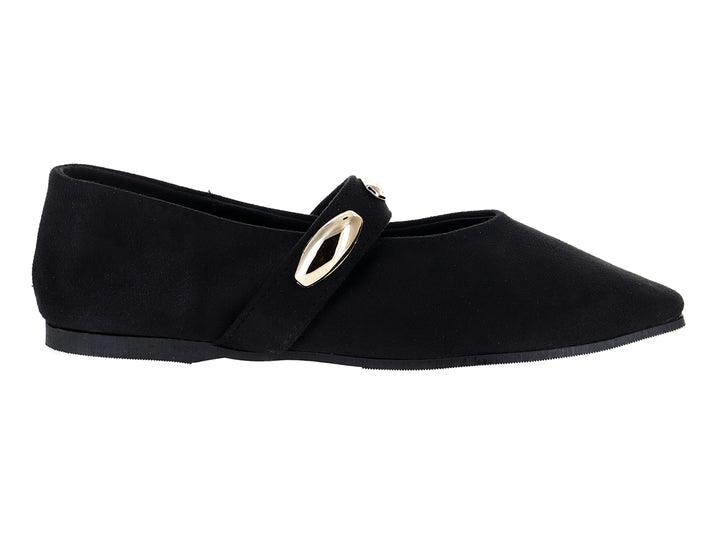 Zapato plano tipo ballerina color negro con detalle decorativo dorado en el empeine.