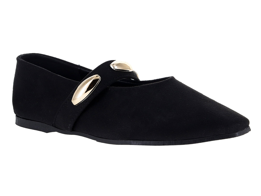 Zapato plano tipo ballerina color negro con detalle decorativo dorado en el empeine.