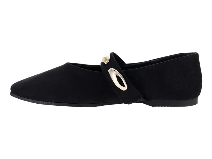 Zapato plano tipo ballerina color negro con detalle decorativo dorado en el empeine.