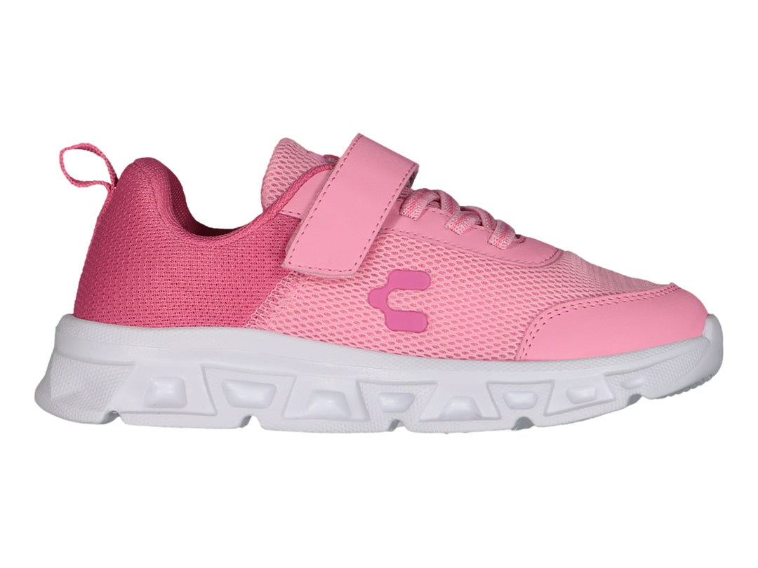 Tenis deportivos Charly color rosa con suela blanca y correa de ajuste.