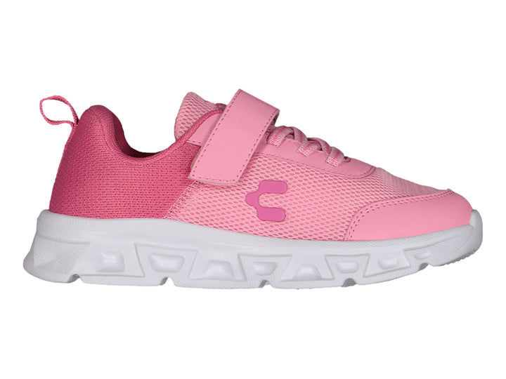 Tenis deportivos Charly color rosa con suela blanca y correa de ajuste.