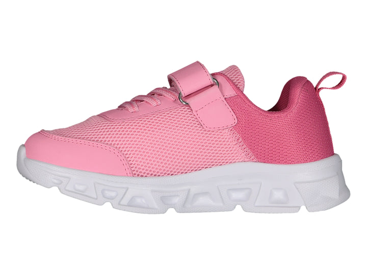 Tenis deportivos Charly color rosa con suela blanca y correa de ajuste.