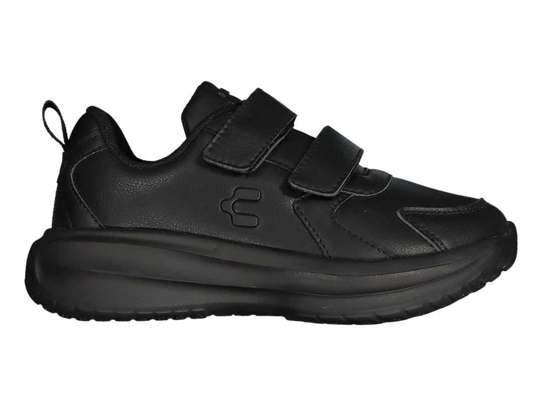 Tenis casuales color negro para niño con cierre de velcro y suela gruesa.