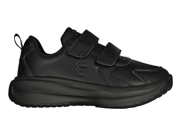 Tenis casuales color negro para niño con cierre de velcro y suela gruesa.
