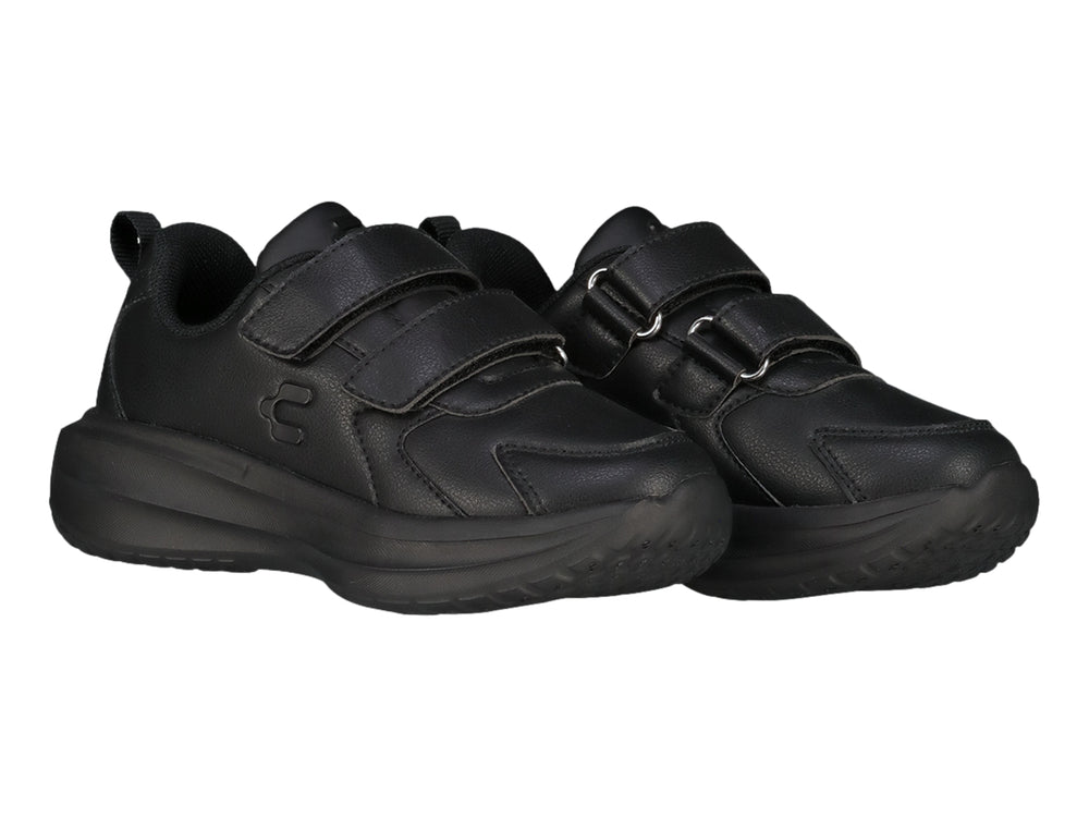 Tenis casuales color negro para niño con cierre de velcro y suela gruesa.