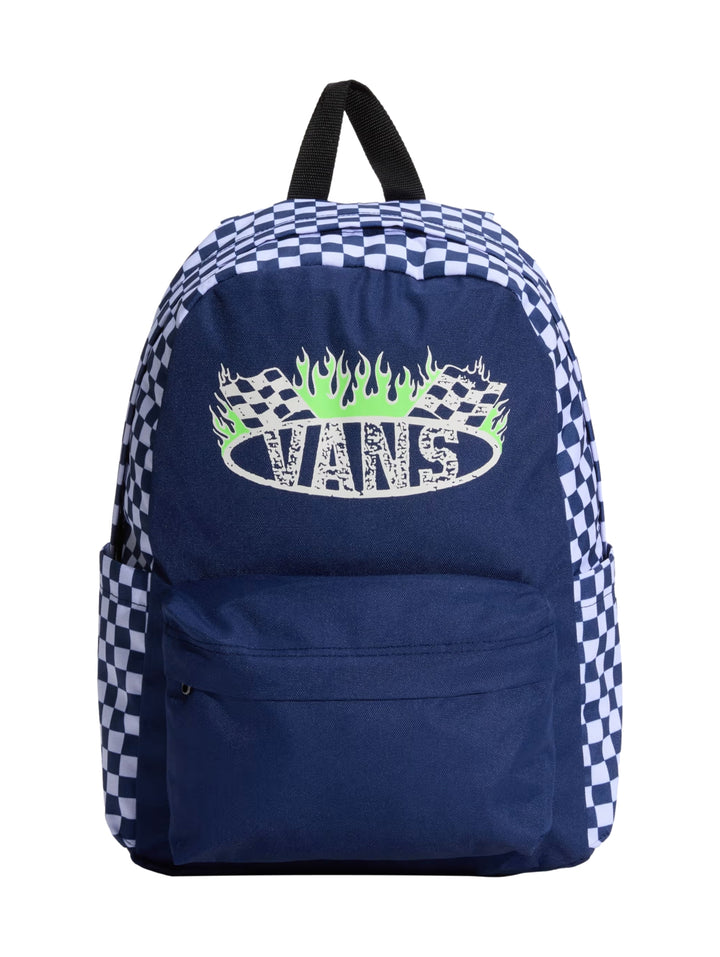 Mochila Vans Old Skool Grom color azul índigo con diseño de cuadros blancos y logo frontal.