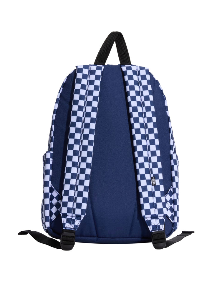 Mochila Vans Old Skool Grom color azul índigo con diseño de cuadros blancos y logo frontal.