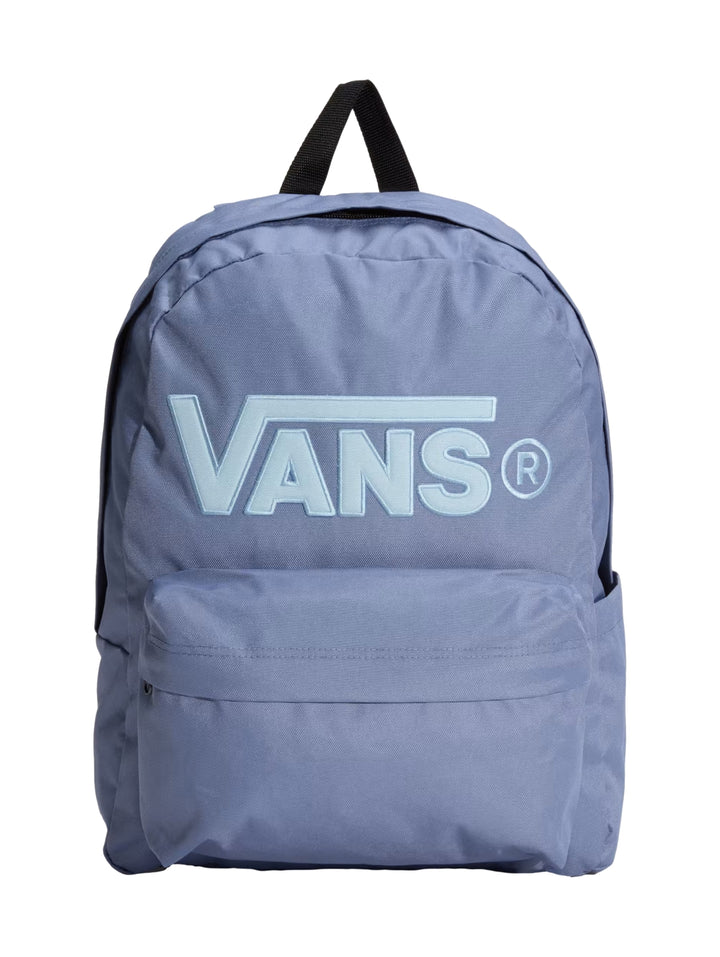 Mochila Vans Old Skool Drop V color azul glacial con logotipo frontal y asa superior negra.