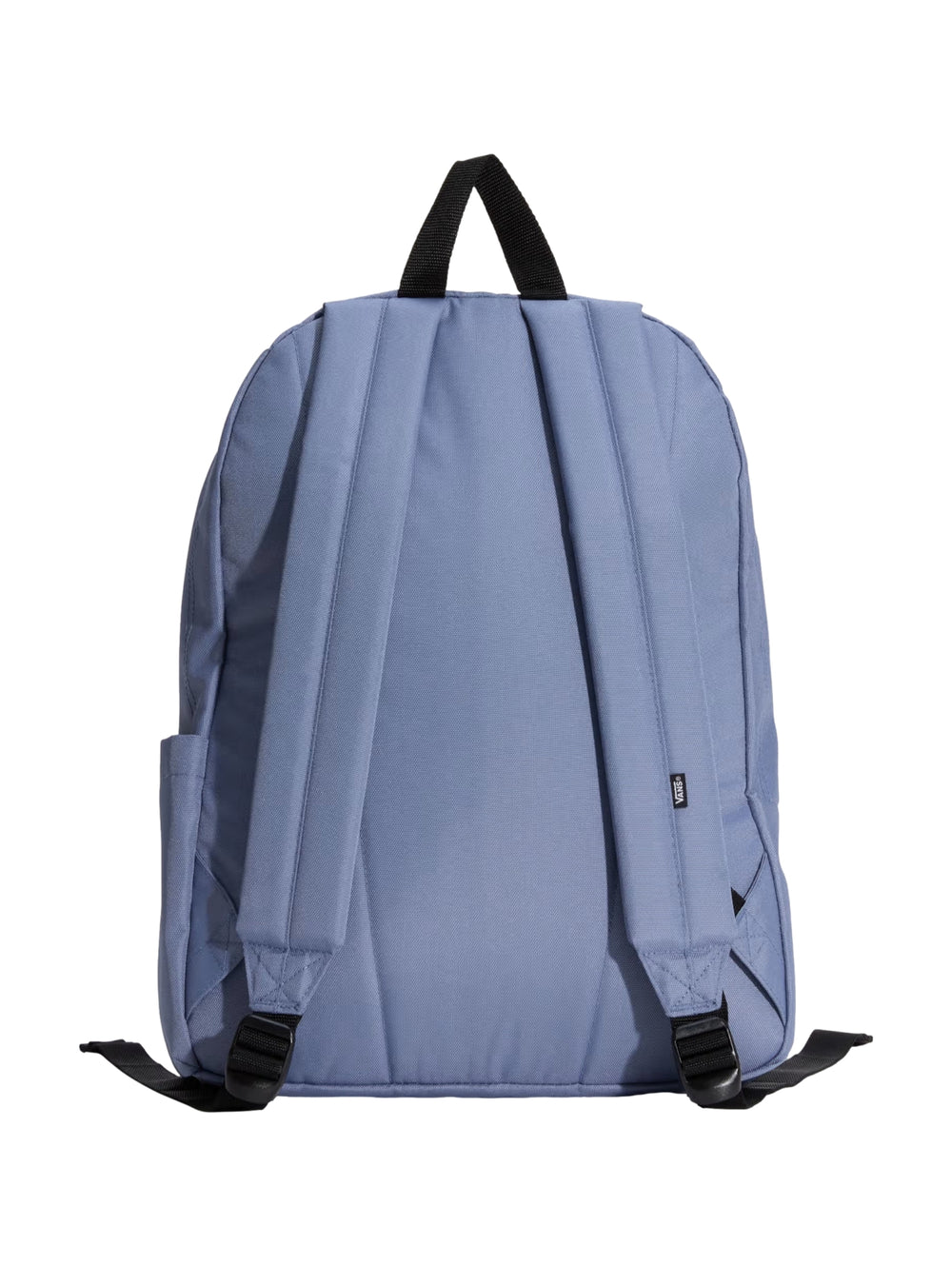 Mochila Vans Old Skool Drop V color azul glacial con logotipo frontal y asa superior negra.