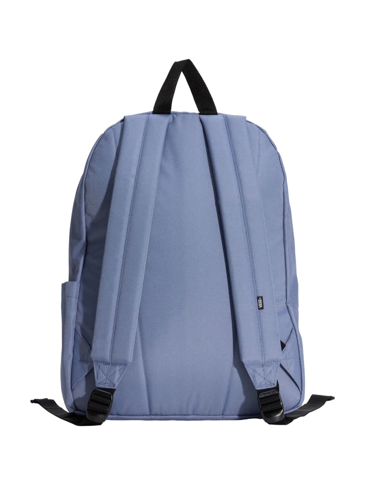 Mochila Vans Old Skool Drop V color azul glacial con logotipo frontal y asa superior negra.