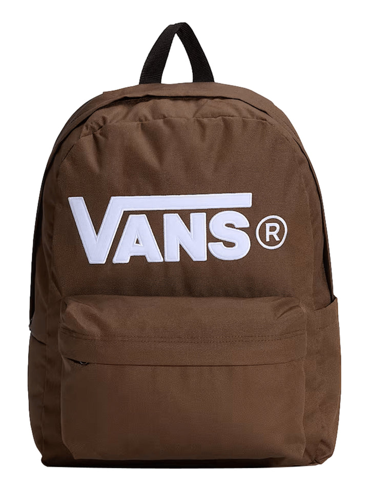 Mochila Vans color marrón vintage cocoa con logotipo blanco frontal y asa superior negra.