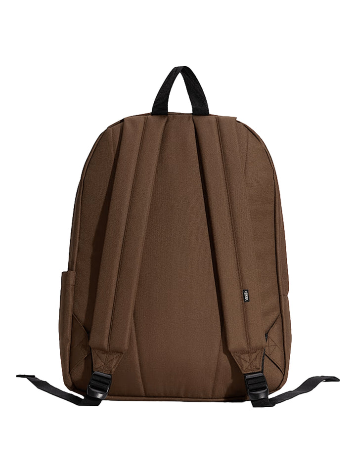 Mochila Vans color marrón vintage cocoa con logotipo blanco frontal y asa superior negra.