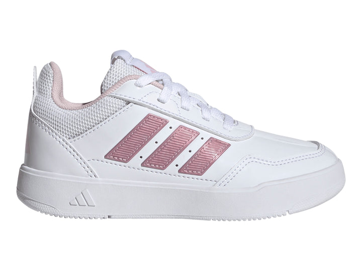 Tenis Adidas Tensaur Sport 3.0 blancos con tres franjas rosas para niña.