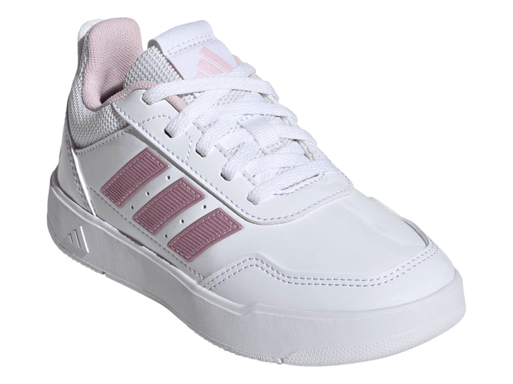 Tenis Adidas Tensaur Sport 3.0 blancos con tres franjas rosas para niña.