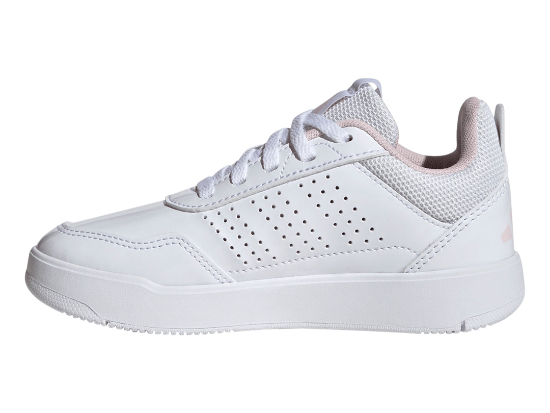 Tenis Adidas Tensaur Sport 3.0 blancos con tres franjas rosas para niña.