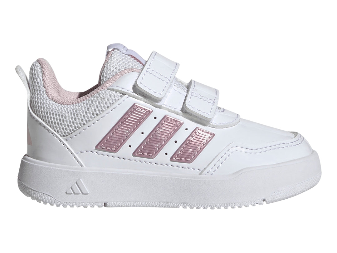 Tenis Adidas Tensaur Sport 3.0 blancos con franjas rosas y cierre de velcro para niña.