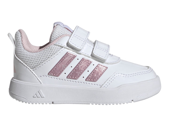 Tenis Adidas Tensaur Sport 3.0 blancos con franjas rosas y cierre de velcro para niña.