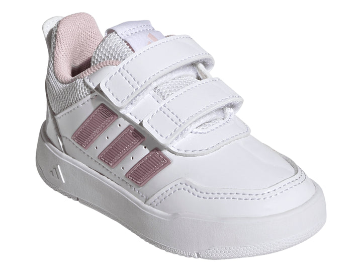 Tenis Adidas Tensaur Sport 3.0 blancos con franjas rosas y cierre de velcro para niña.