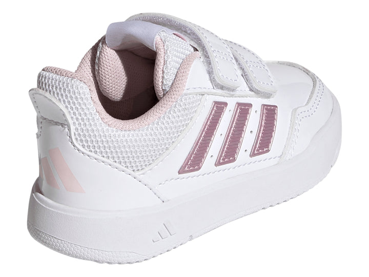 Tenis Adidas Tensaur Sport 3.0 blancos con franjas rosas y cierre de velcro para niña.