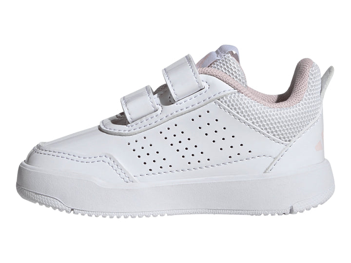 Tenis Adidas Tensaur Sport 3.0 blancos con franjas rosas y cierre de velcro para niña.