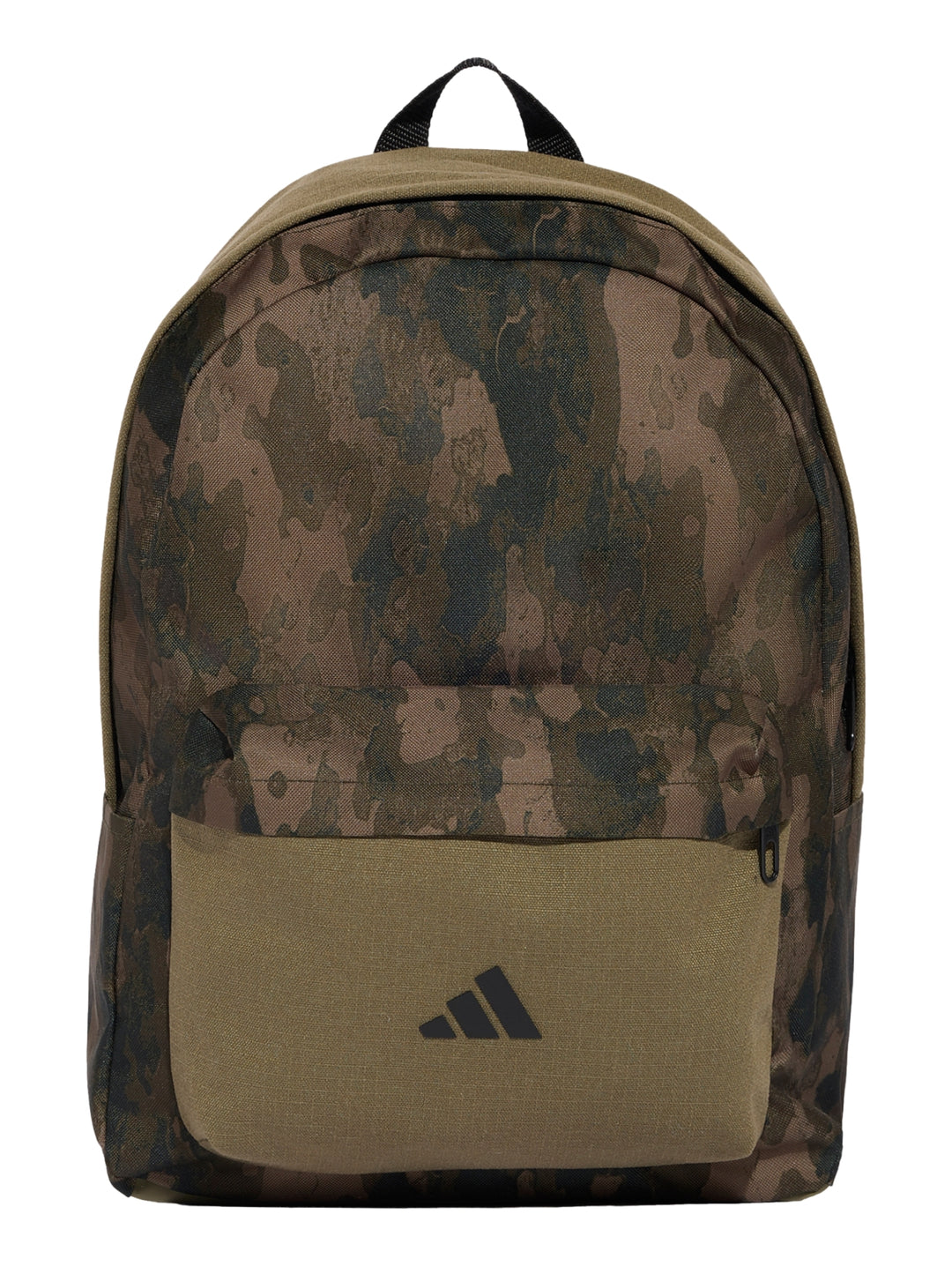 Mochila Adidas con estampado de camuflaje en tonos verde olivo y marrón con bolsillo frontal sólido.