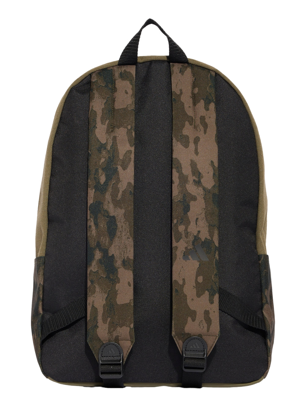Mochila Adidas con estampado de camuflaje en tonos verde olivo y marrón con bolsillo frontal sólido.
