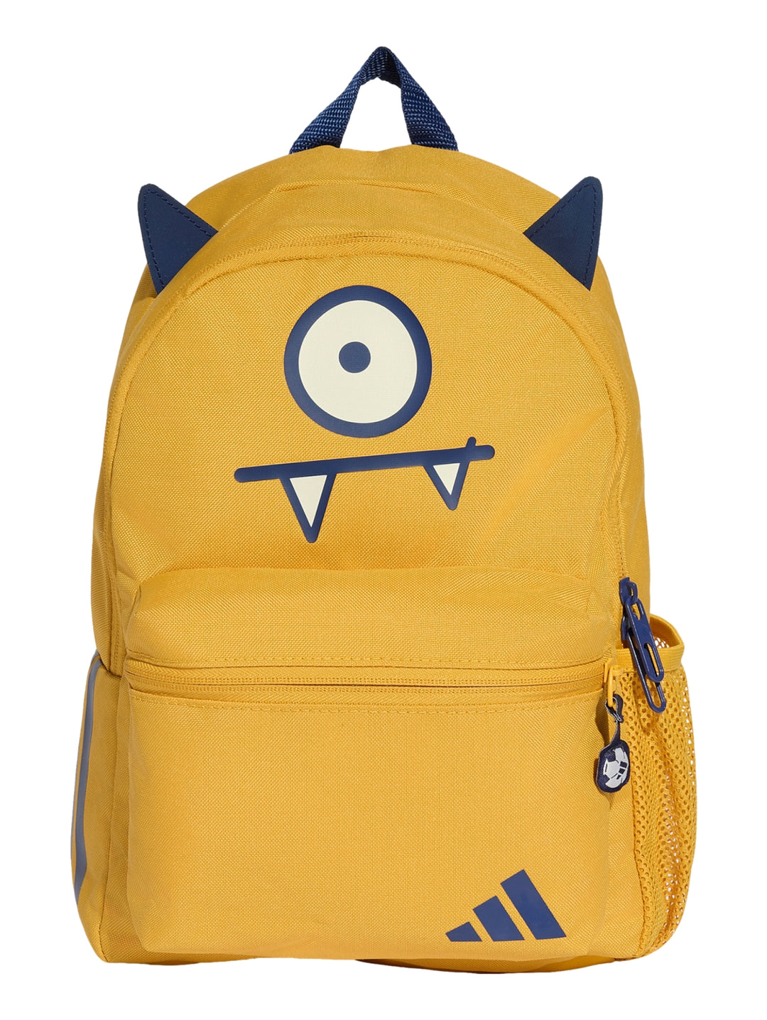 Mochila escolar Adidas amarilla con diseño de monstruo y detalles en azul oscuro.