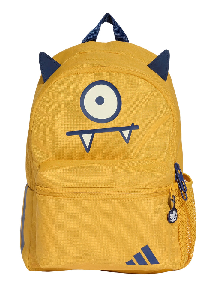 Mochila escolar Adidas amarilla con diseño de monstruo y detalles en azul oscuro.