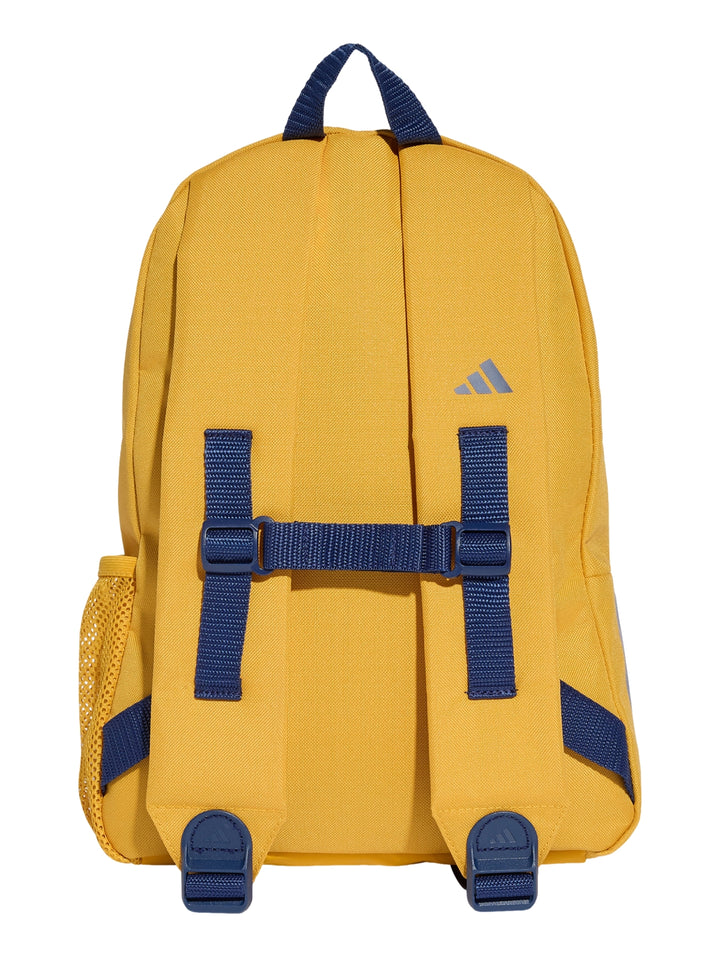 Mochila escolar Adidas amarilla con diseño de monstruo y detalles en azul oscuro.