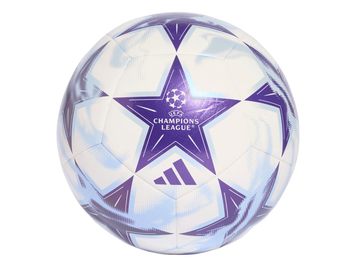 Balón de fútbol Adidas blanco con diseño de estrellas moradas de la UEFA Champions League.