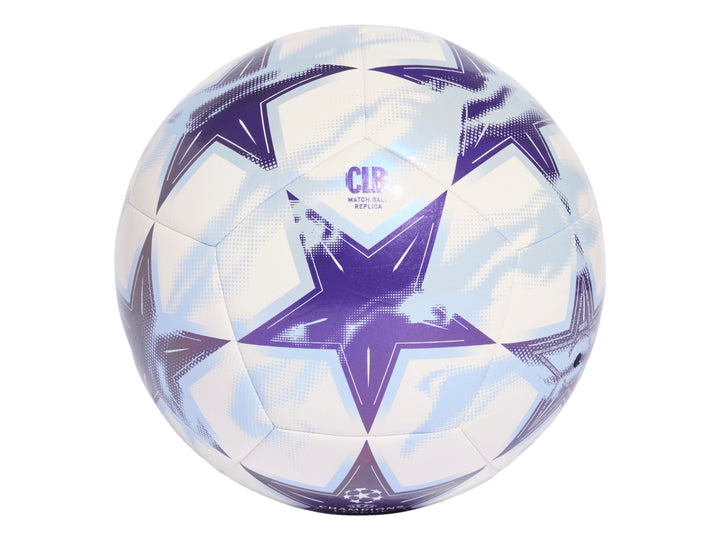 Balón de fútbol Adidas blanco con diseño de estrellas moradas de la UEFA Champions League.