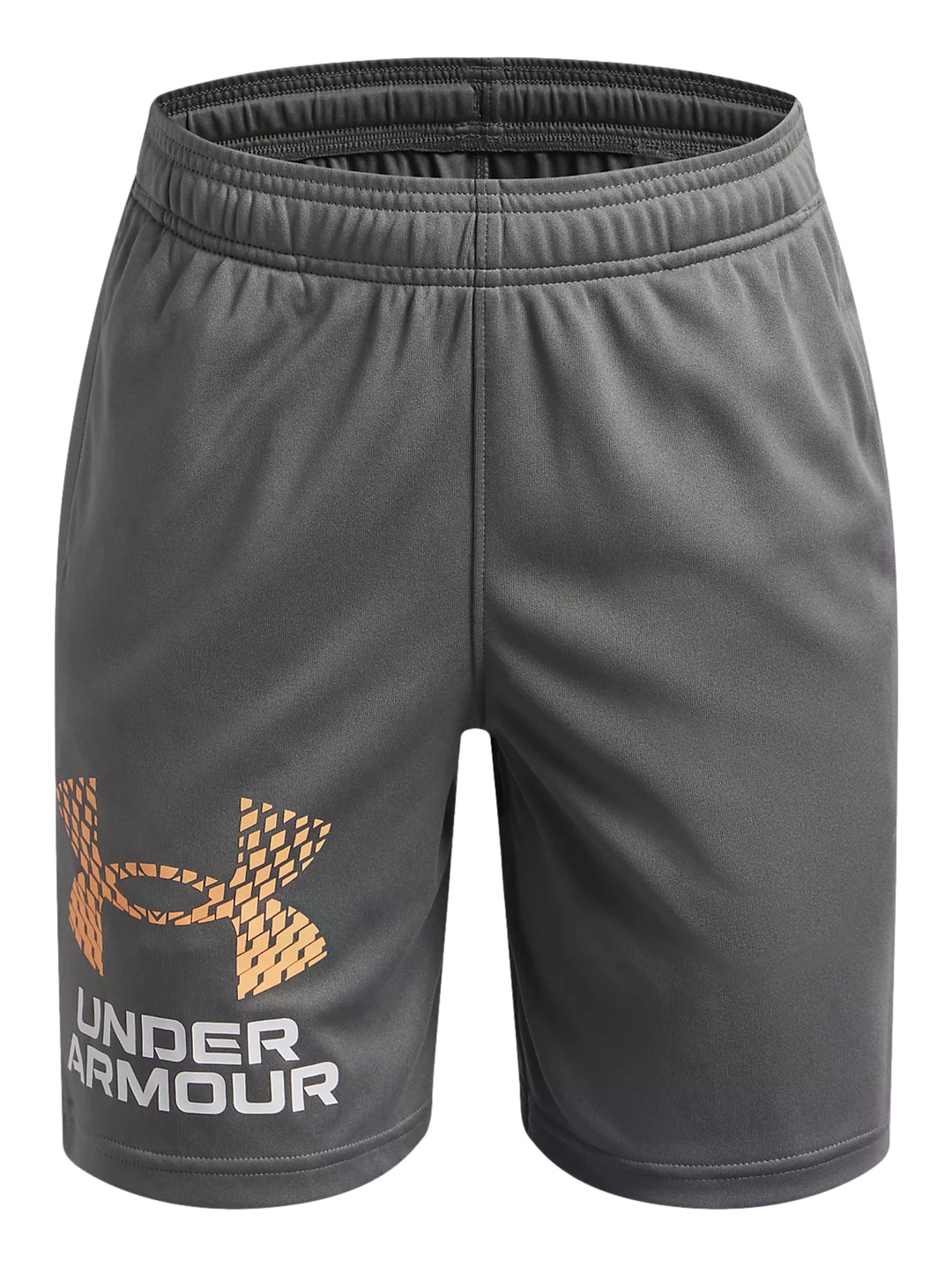 Shorts deportivos color gris para niño de la marca Under Armour con logotipo en el frente.
