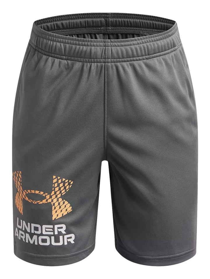 Shorts deportivos color gris para niño de la marca Under Armour con logotipo en el frente.