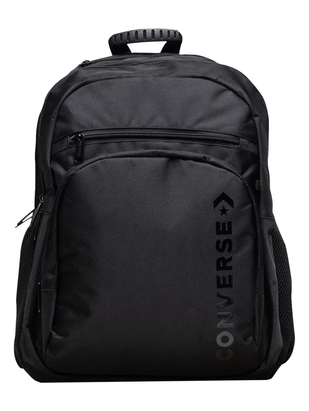 Mochila escolar Converse de color negro con logotipo frontal y asa superior.