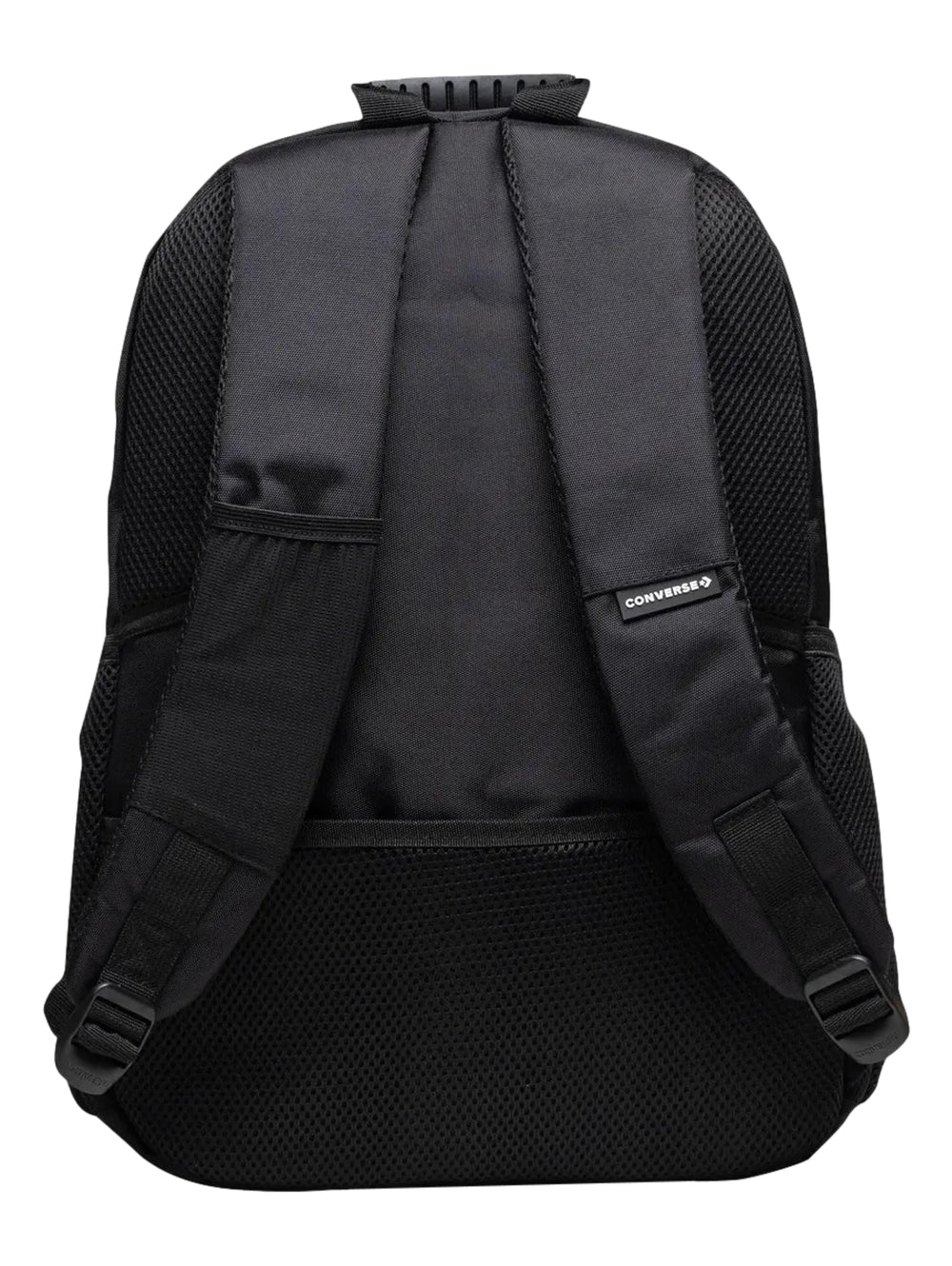 Mochila escolar Converse de color negro con logotipo frontal y asa superior.