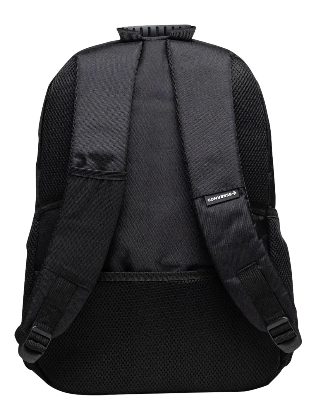 Mochila escolar Converse de color negro con logotipo frontal y asa superior.