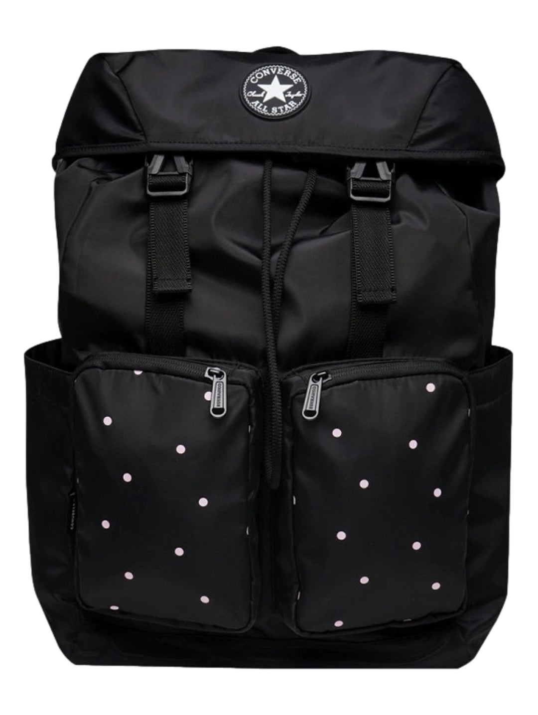 Mochila Converse color negro con estampado de puntos blancos en los bolsillos frontales.