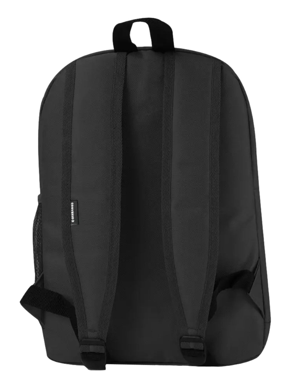 Mochila escolar Converse de color negro con logotipo circular blanco en el bolsillo frontal.