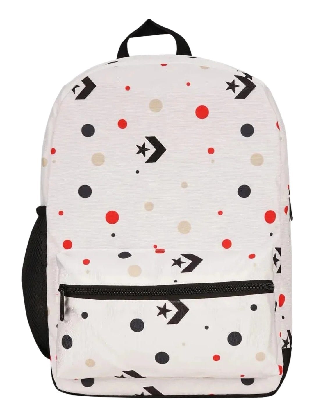 Mochila blanca Converse con estampado de puntos rojos, negros y beige, con detalles y asa en color negro.