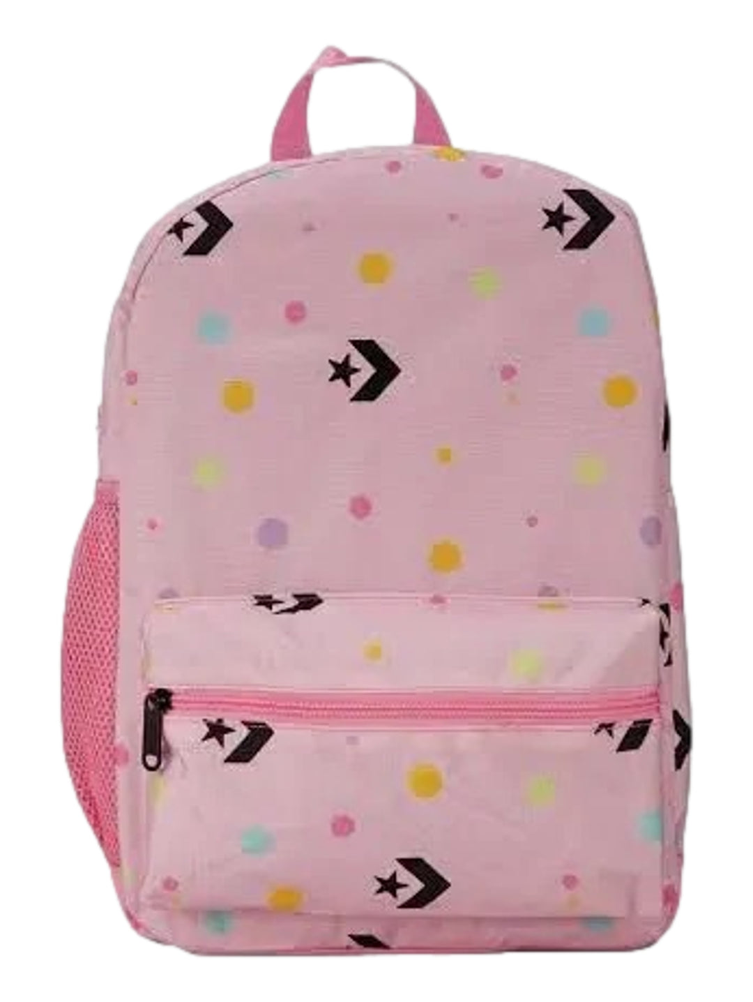 Mochila escolar Converse de color rosa con estampado de lunares multicolores y logos de estrellas negras.