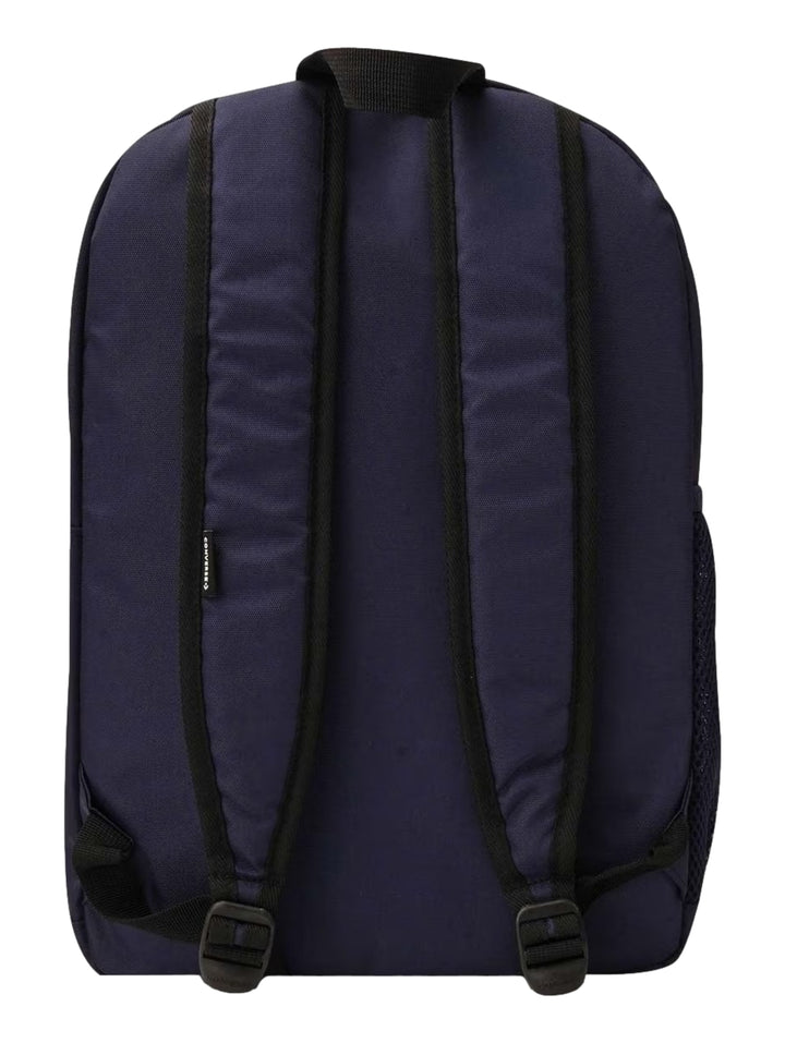 Mochila Converse bicolor en azul y marino con bolsillo frontal y logotipo blanco.
