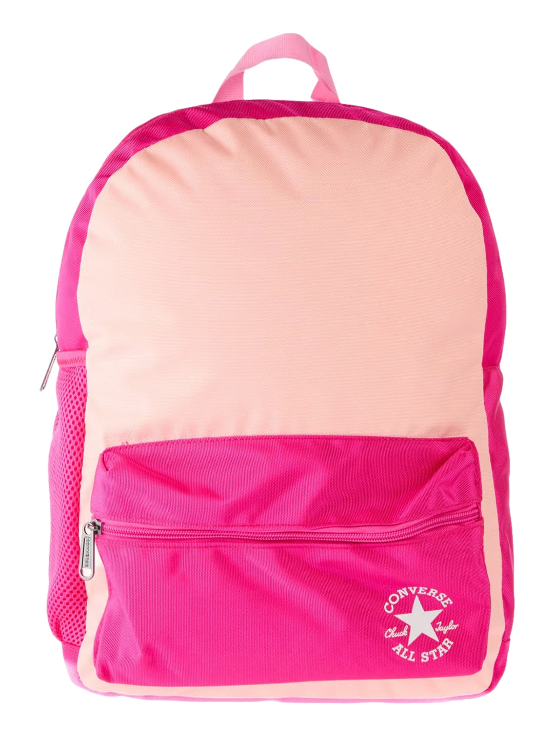 Mochila escolar Converse en tonos rosa pastel y fucsia con logotipo blanco en el frente.