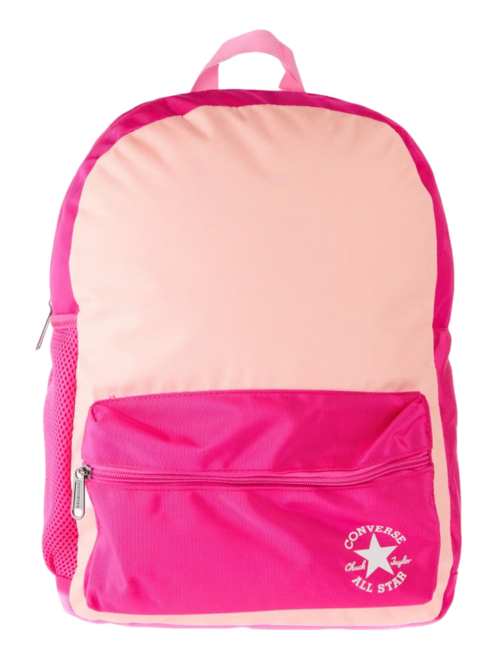 Mochila escolar Converse en tonos rosa pastel y fucsia con logotipo blanco en el frente.