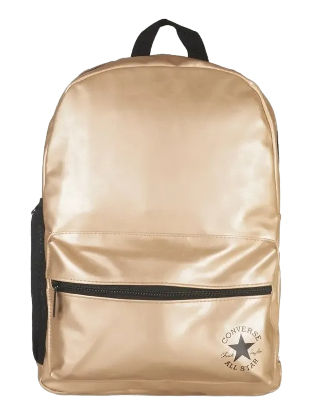 Mochila Converse de color oro metálico con detalles y logotipo en negro.
