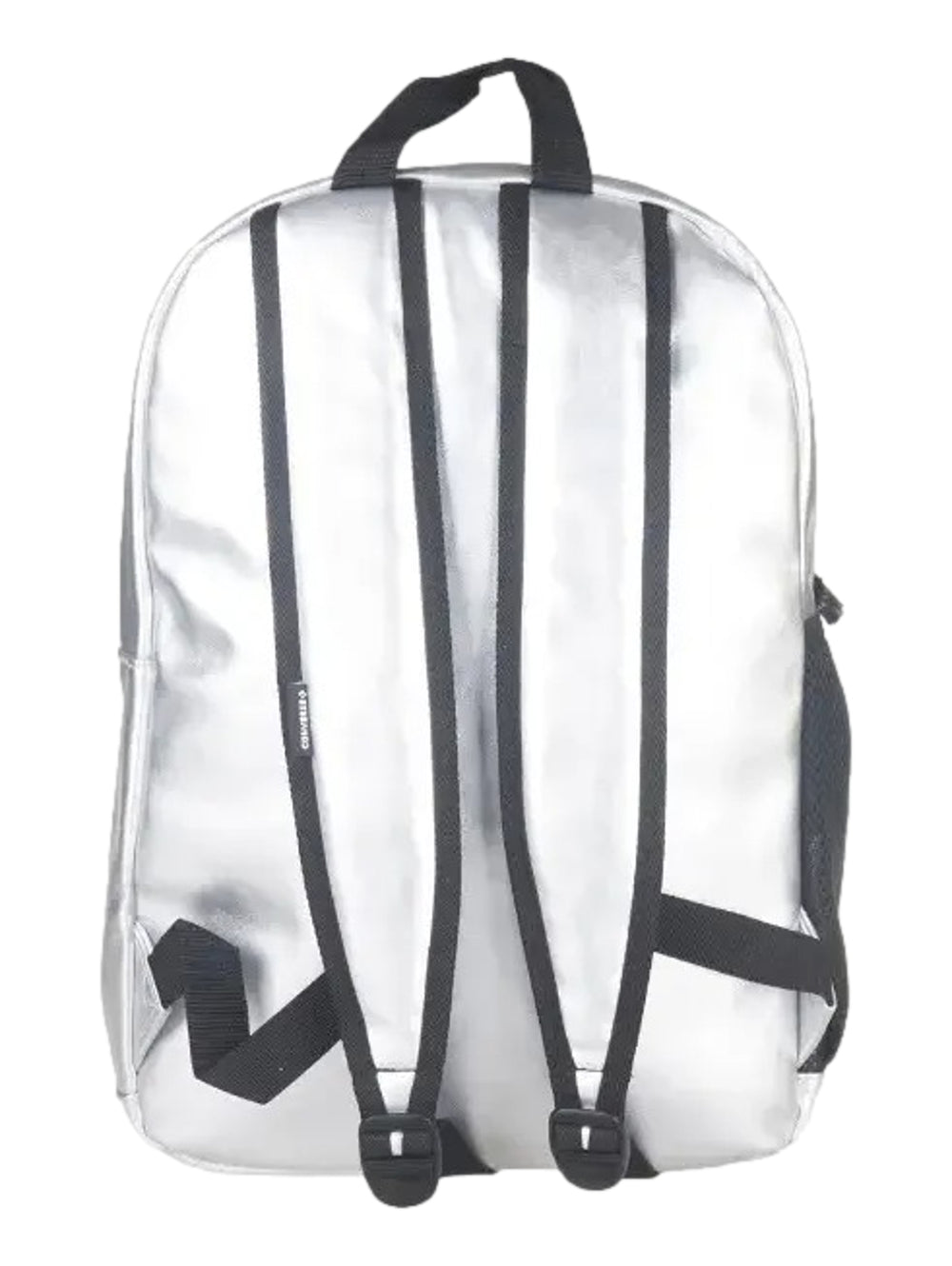 Mochila escolar Converse de color plata metalizado con detalles en negro y logotipo frontal.