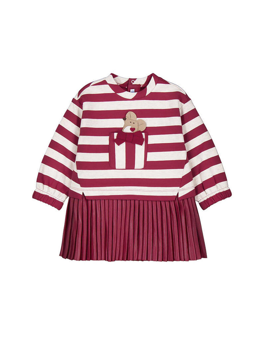 Vestido infantil Mayoral color rooibos y blanco con rayas, falda plisada y detalle de ratón en el pecho.