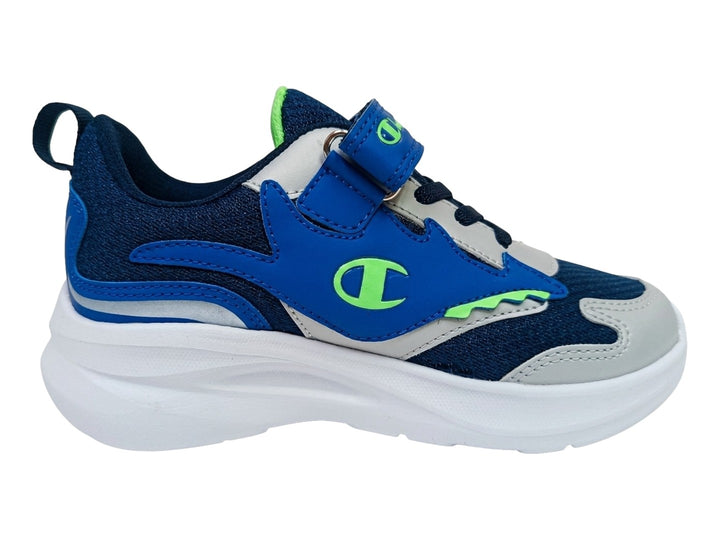 Tenis Champion Max Toon en color azul marino y gris con suela blanca y detalles en verde neón.