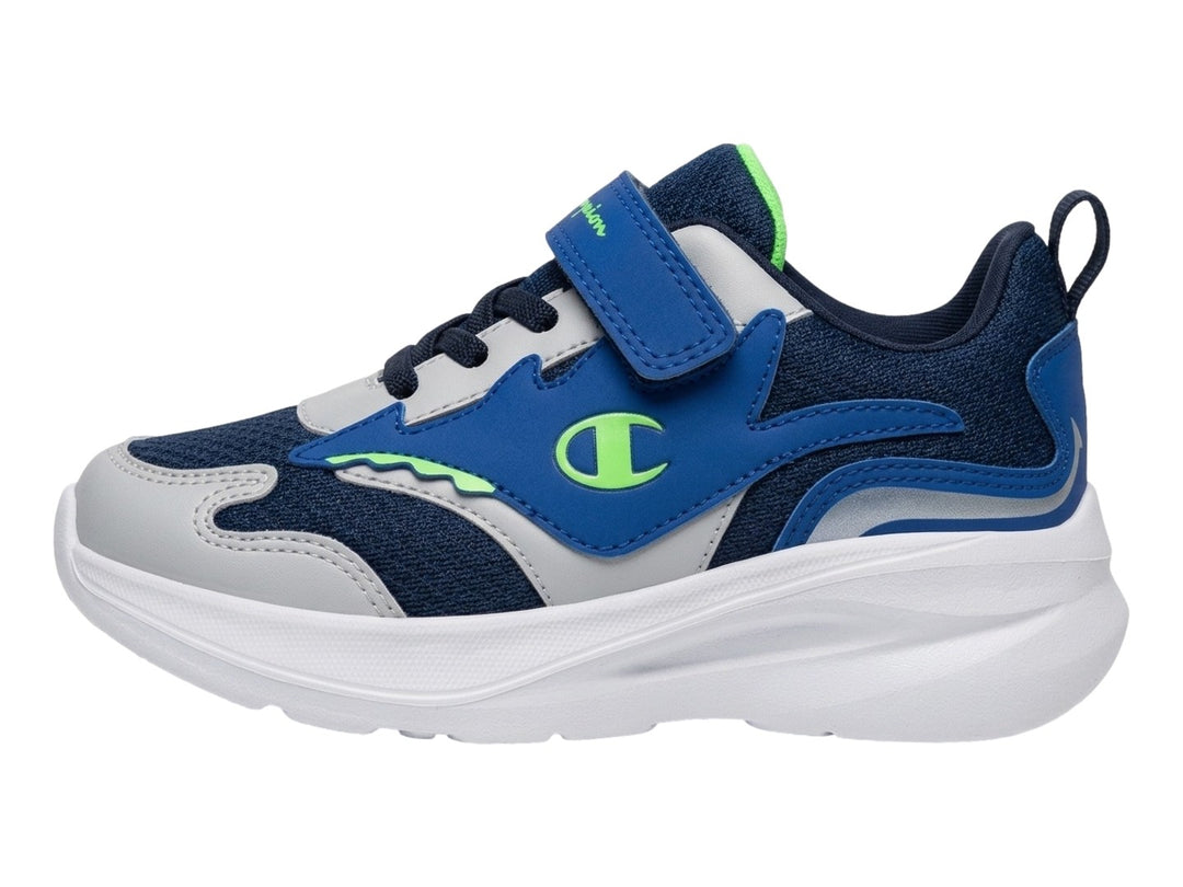 Tenis Champion Max Toon en color azul marino y gris con suela blanca y detalles en verde neón.