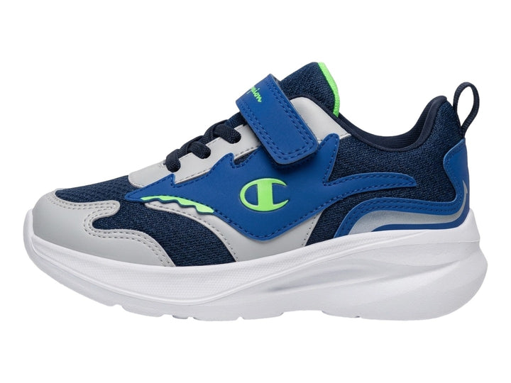 Tenis Champion Max Toon en color azul marino y gris con suela blanca y detalles en verde neón.